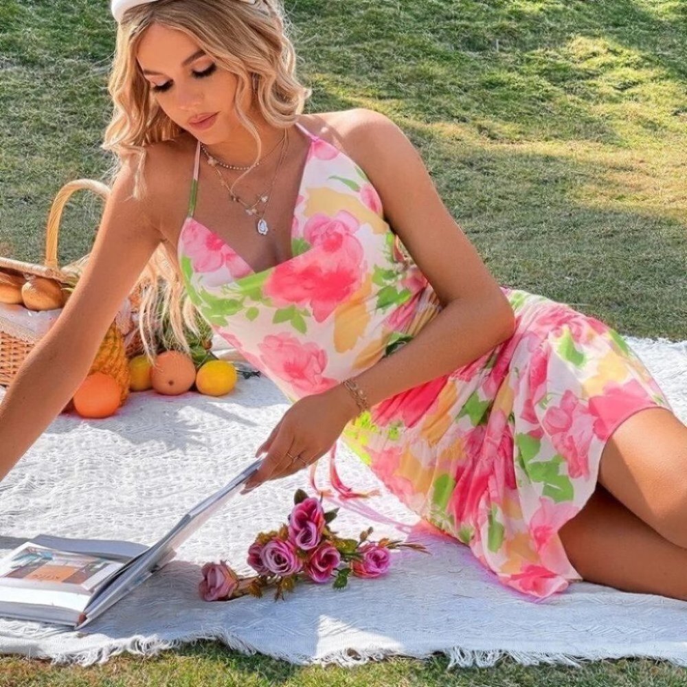Floral Ruched Belted Halter Dress